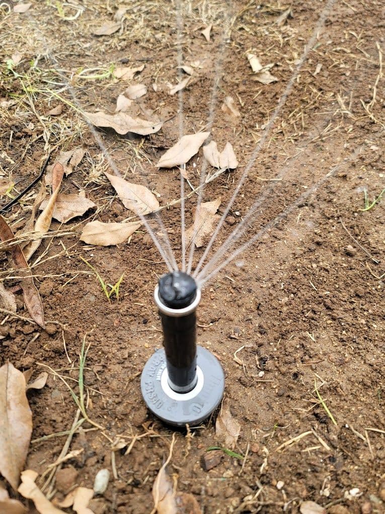 Garden sprinkler spraying water in dry soil surrounded by fallen leaves.