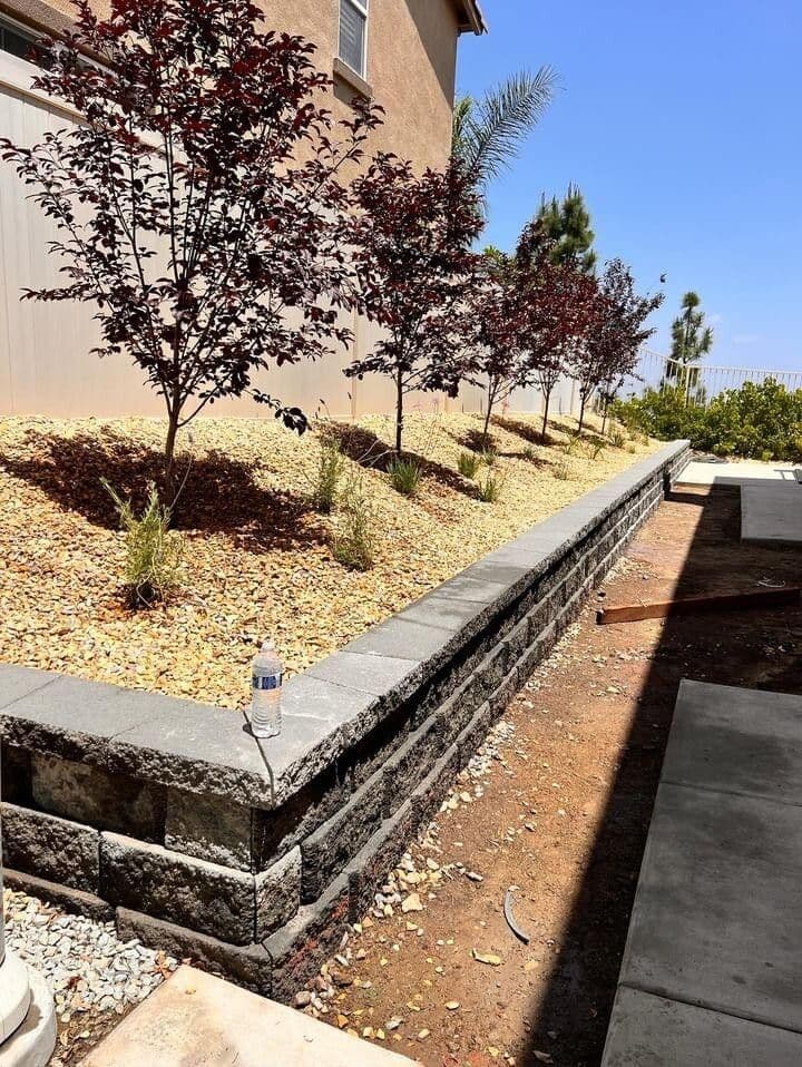 Landscaped yard featuring red maple trees, gravel bed, and a concrete retaining wall.