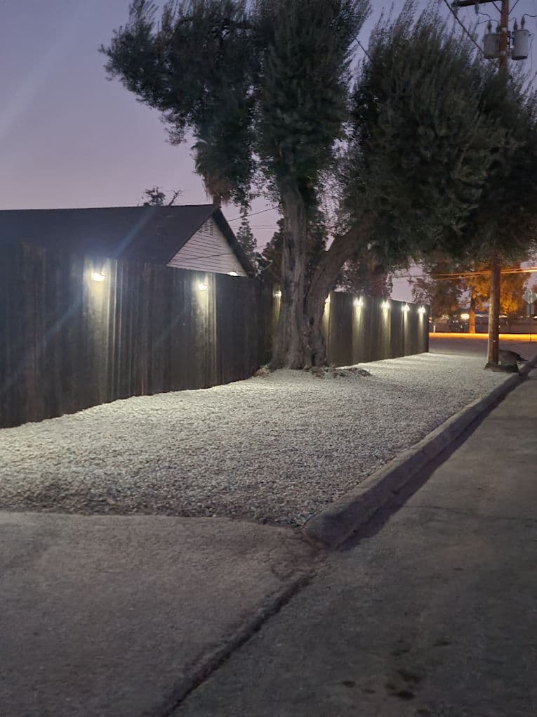 Gravel pathway beside illuminated fence and tree at dusk, enhancing nighttime curb appeal.