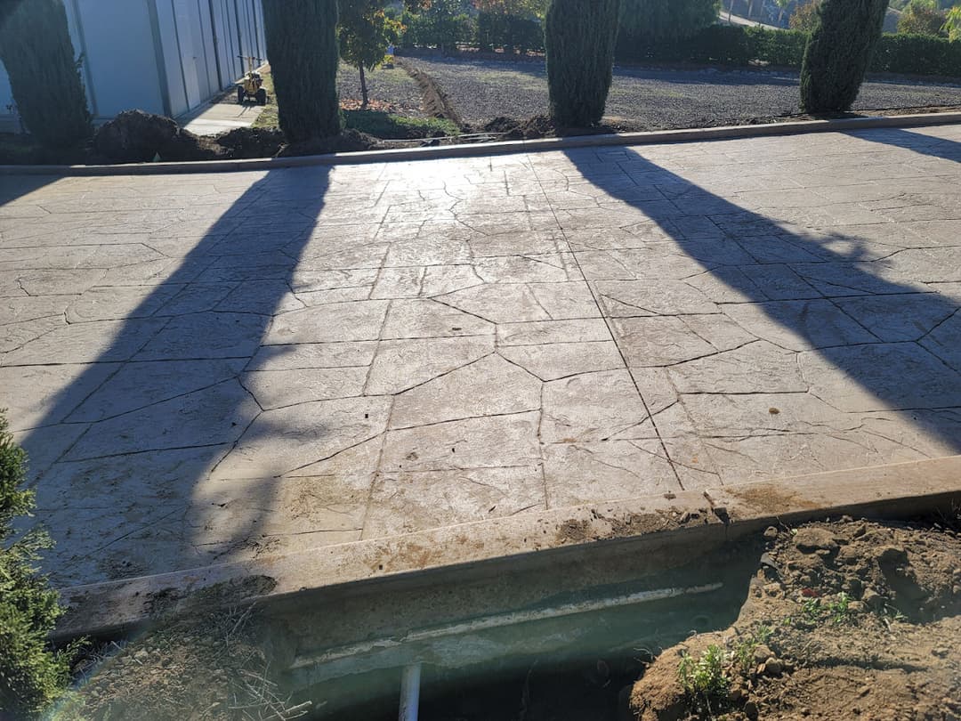 Textured concrete driveway with shadows from nearby trees in a landscaped area.