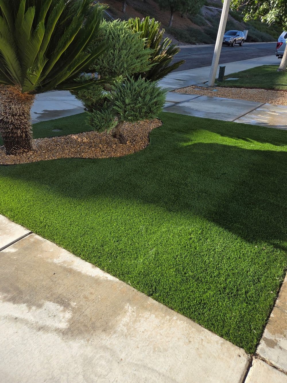 Lush artificial grass lawn with desert plants and decorative gravel on a sunny day.